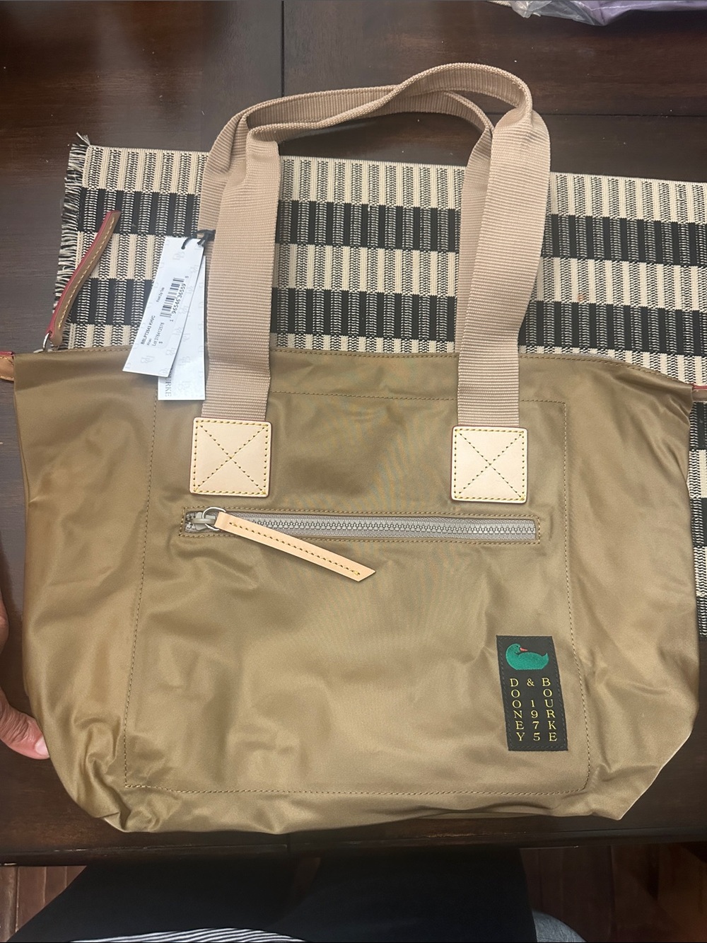 Dooney & Bourke Khaki Nylon Messenger Tote with Beige Straps